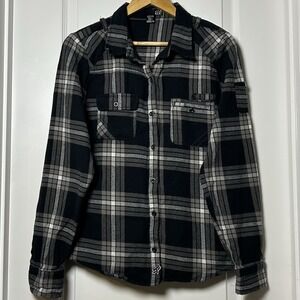 Fox Racing Long Sleeve Button Up Black and‎ Gray Flannel Shirt Motorsports Style